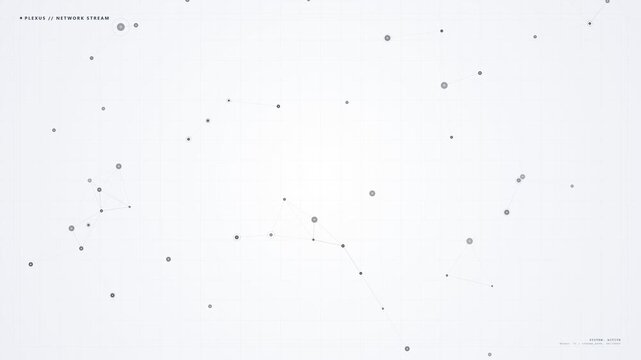 Minimalist digital plexus network stream animation on clean white background featuring animated nodes, connecting lines, HUD tech elements, big data visualization, modern technology concept
