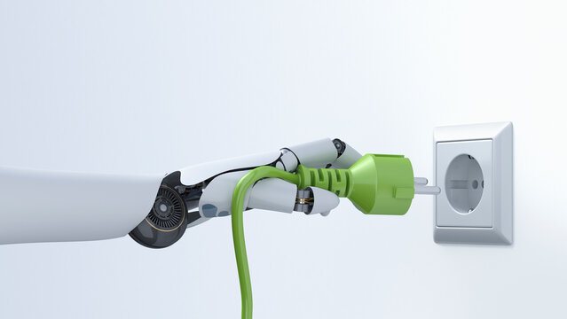 Robot hand with green plug, plug socket, 3D Rendering