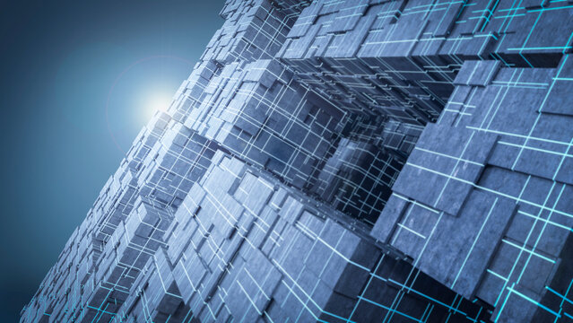 Light shining above futuristic cubes, 3d rendering