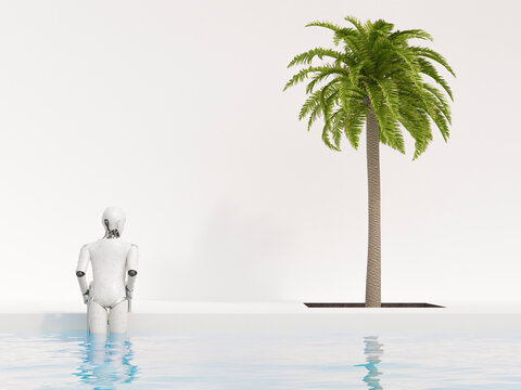 Robot getting out of swimming pool, 3d rendering