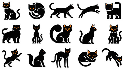Fototapeta premium Collection of black cat silhouettes in various poses for halloween or mystical designs