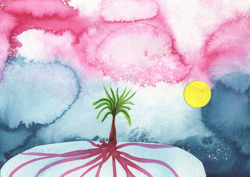 Watercolor painting shows a surreal landscape with a palm tree