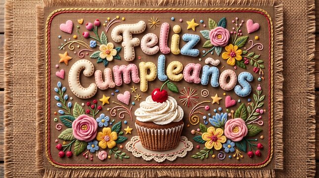 Handcrafted Embroidered Feliz Cumpleanos Tapestry Frame With Cupcake