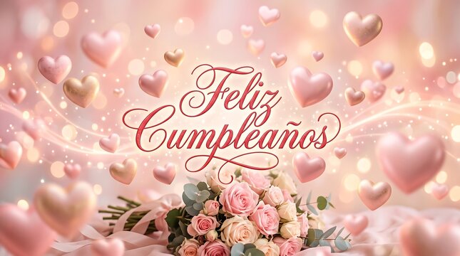 Romantic Pink Hearts Feliz Cumpleanos Calligraphy With Roses