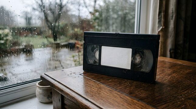 Aged Dusty VHS Video Cassette on Rustic Wooden Surface
