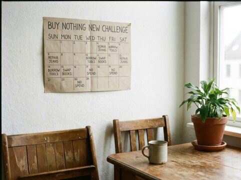 Buy nothing new challenge calendar hanging in minimalist modern interior