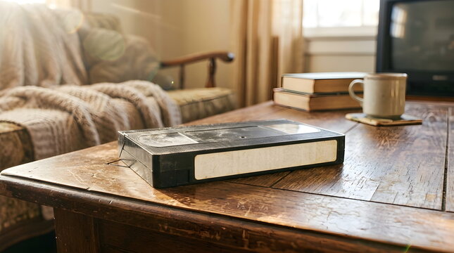 Old Dusty VHS Video Cassette on Wooden Table in Warm Vintage Light