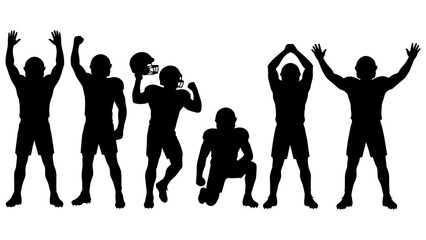 Obraz premium Set of Black Silhouette Sports Athletes Celebrating Victory with Dynamic Poses and Football Helmets - Vector Illustration