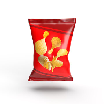 Blank red potato chips bag mockup floating with flying crisps and potato slice isolated on white background
