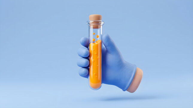 Gloved Hand Holding Test Tube with Orange Liquid and Bubbles