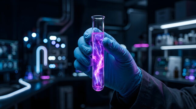 Gloved Scientist Holding Test Tube with Turquoise Liquid in Laboratory