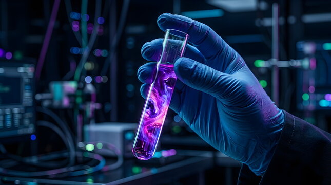 Gloved Scientist Holding Test Tube with Turquoise Liquid in Laboratory