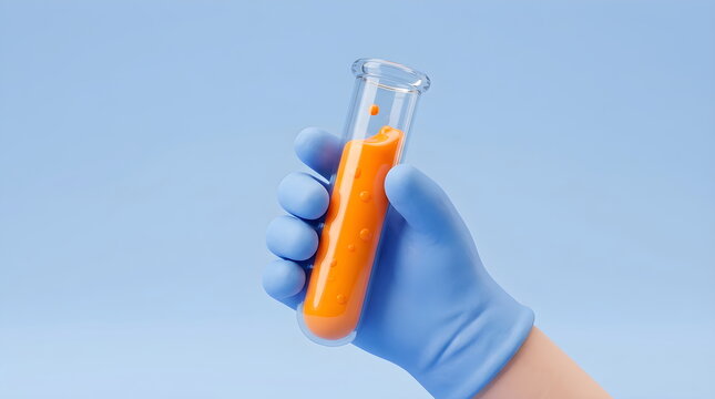 Gloved Hand Holding Test Tube with Orange Liquid and Bubbles