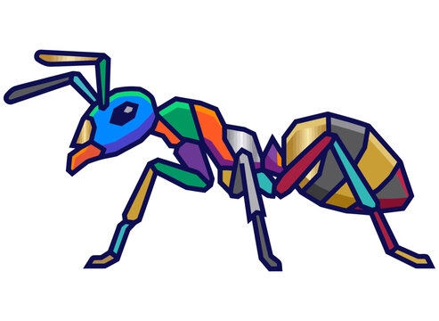 Colorful geometric ant illustration, stylized insect graphic design on white background.