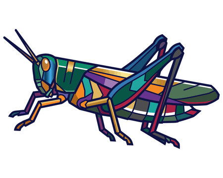 Colorful mosaic grasshopper illustration with geometric stained glass style design.