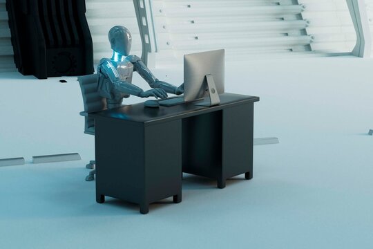 Humanoid robot is working on a computer at an office desk