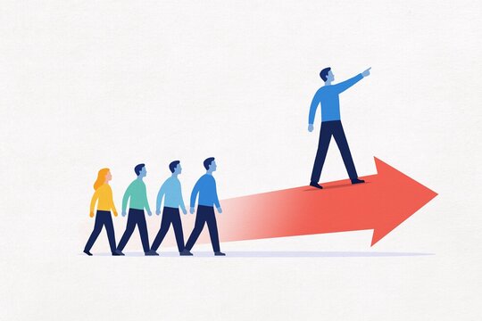 A manager guides a team forward on a red arrow towards success