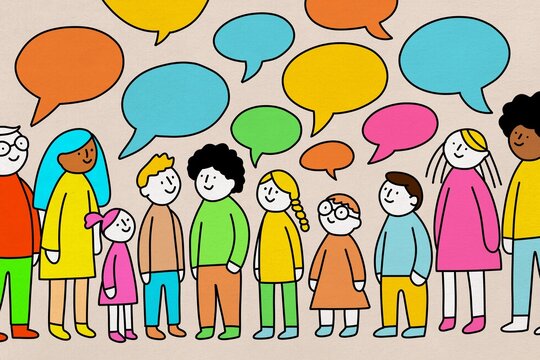 Community members share ideas via colorful speech bubbles