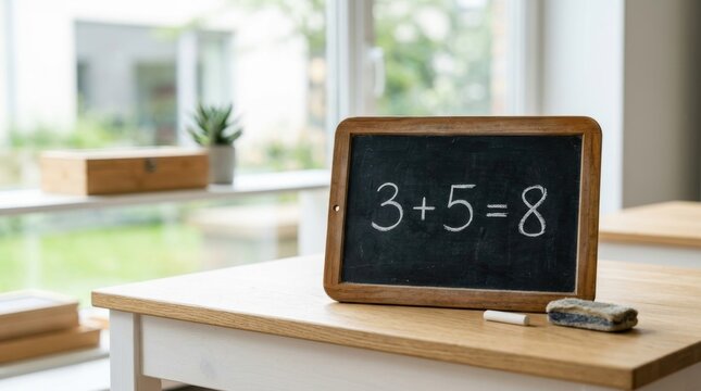 Basic Arithmetic Equation Written on a Chalkboard on a Wooden Table