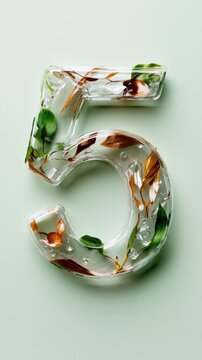 Nature-inspired number 5 with leaves and fresh design elements