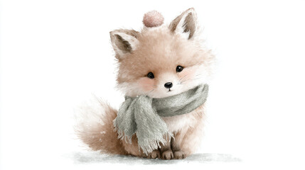 Fototapeta premium Adorable fluffy fox cub wearing scarf with pom-pom hat on white background