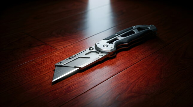 Modern Utility Folding Knife on Polished Cherry Wood Surface