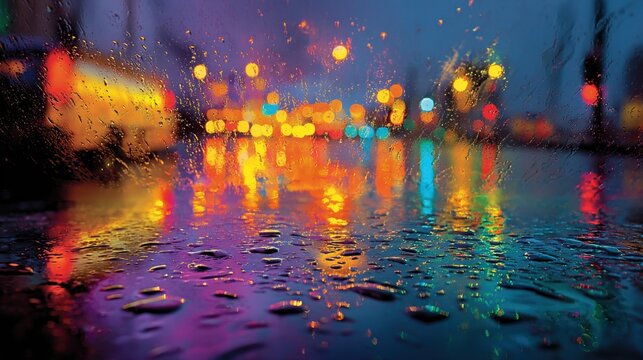 Vibrant rainy cityscape reflected on wet street at night