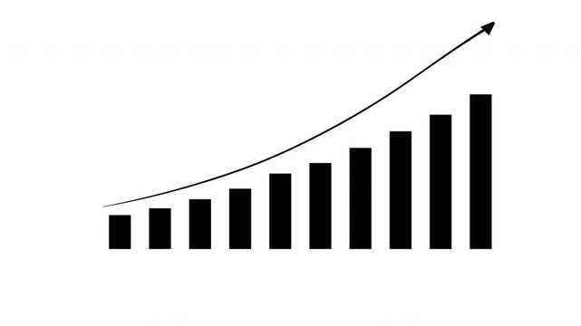 Animated Black & White Growth Bars with Rising Curve & Arrow, white color business graph with up arrow. Arrow rising on graph sale symbols. Abstract business growth and graph chart icon animation
