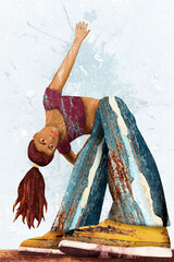 A flexible girl bends upside down in a digital collage illustration