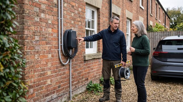 Electrician explains EV charger installation to homeowner outside brick house