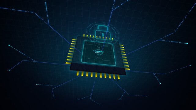 Futuristic quantum CPU processor chip scanning cybersecurity HUD interface as glowing padlock turns green, dark isometric digital circuit background, high-tech data security concept.