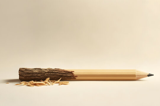 Wooden pencil transforming into tree bark concept for creativity and sustainability