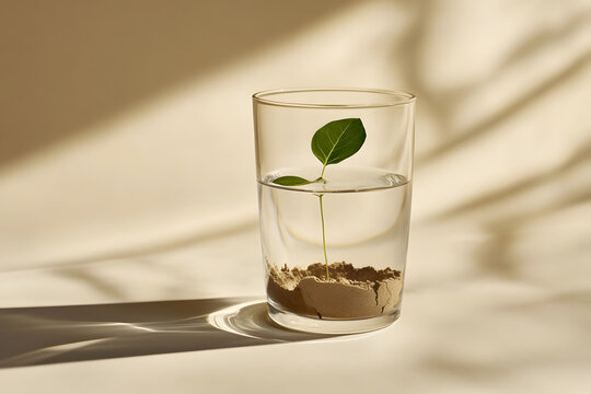 Green plant growing through water in glass concept for resilience and growth