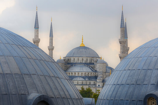 Turkey, Istanbul, View of Sultan Ahmed Mosque or Blue Mosque and Hagia Sophia in background