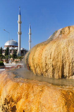 Turkey, View of fountain while mosque in background