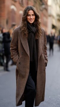 Woman in long brown coat and black scarf walking on city street for fashion street banner and editorial background design