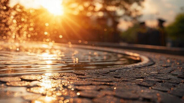 Fountain water rippling with golden sunlight at dusk