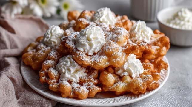 Delicious funnel cake piled with whipped cream on plate