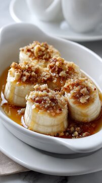 Baked Bananas. Caramelized banana delights with crunchy nuts in syrup on white plate