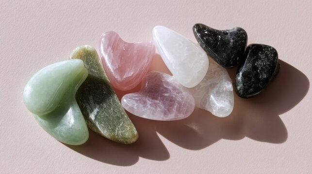 Colorful heart-shaped crystal set on pink background
