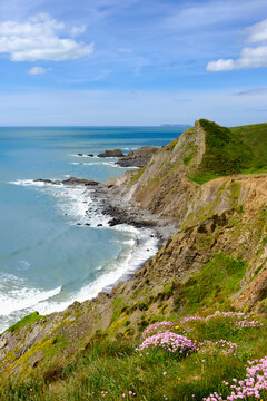 Great Britain, England, Devon, Hartland, Hartland Quay, Rocky coast, Lundy Island