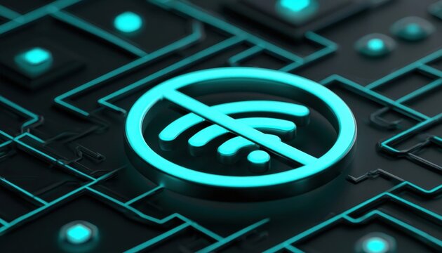 Glowing cyan no wifi symbol on dark circuit board technology