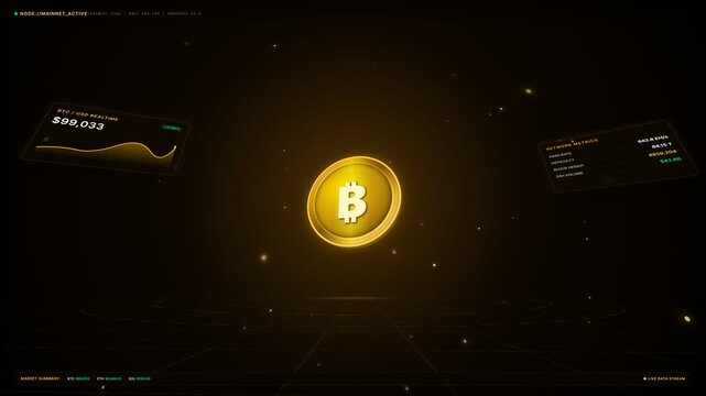 Glowing golden 3D Bitcoin coin spinning in futuristic digital cyber space with financial market trading charts HUD and floating particles, orbit camera view representing crypto bull market.