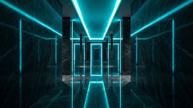 Modern luxury hallway featuring polished black marble surfaces and vibrant glowing cyan neon strips providing dramatic cinematic lighting throughout corridors