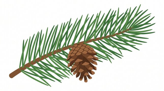 Pine Branch with Cone: A detailed illustration of a pine branch adorned with a mature pine cone, showcasing the intricate textures of evergreen needles and woody scales.