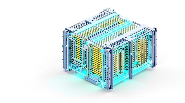 16:9 isometric 3D render of a hydrogen fuel cell FC stack system on a solid white background