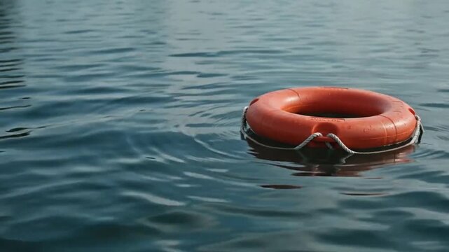 An orange life buoy floats calmly on the rippling surface of dark blue water.