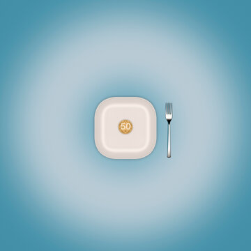 Symbolic finance concept plate and fork on blue background 3d render