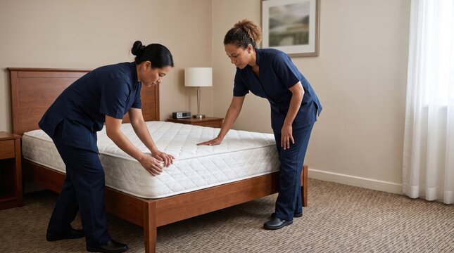 Hotel staff making bed with mattress in a bedroom