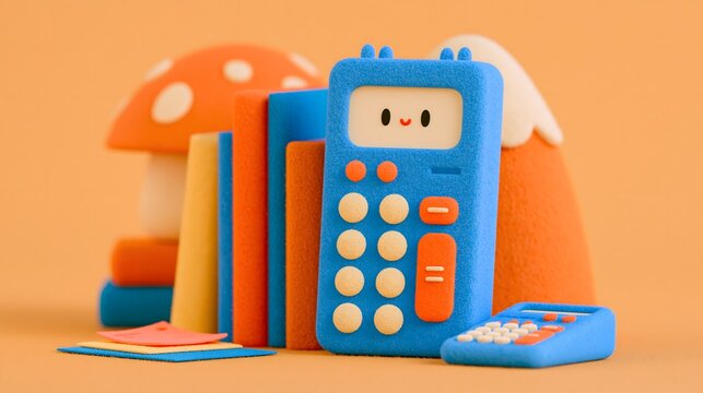 Calculatrice souriante en feutrine avec livres et fournitures scolaires sur fond orange